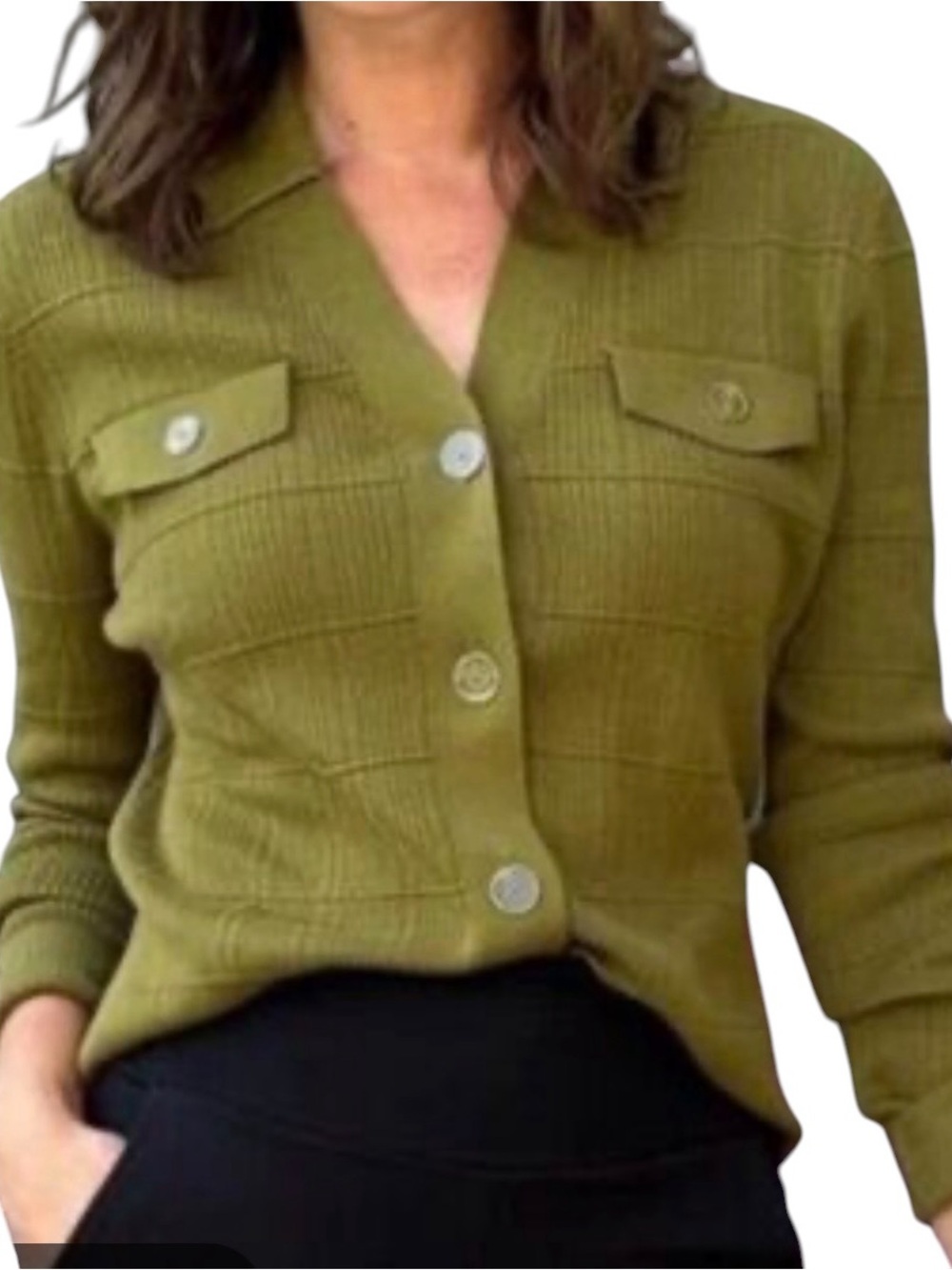 CAbi Olive Green Button-Front v neck collared Cardigan lightweight size small